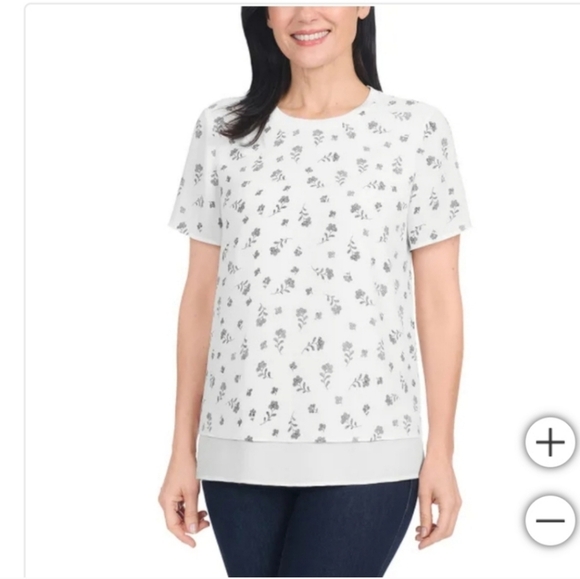 NWT Hilary Radley Women's Short Sleeve Blouse White/Black Floral M - Picture 1 of 5